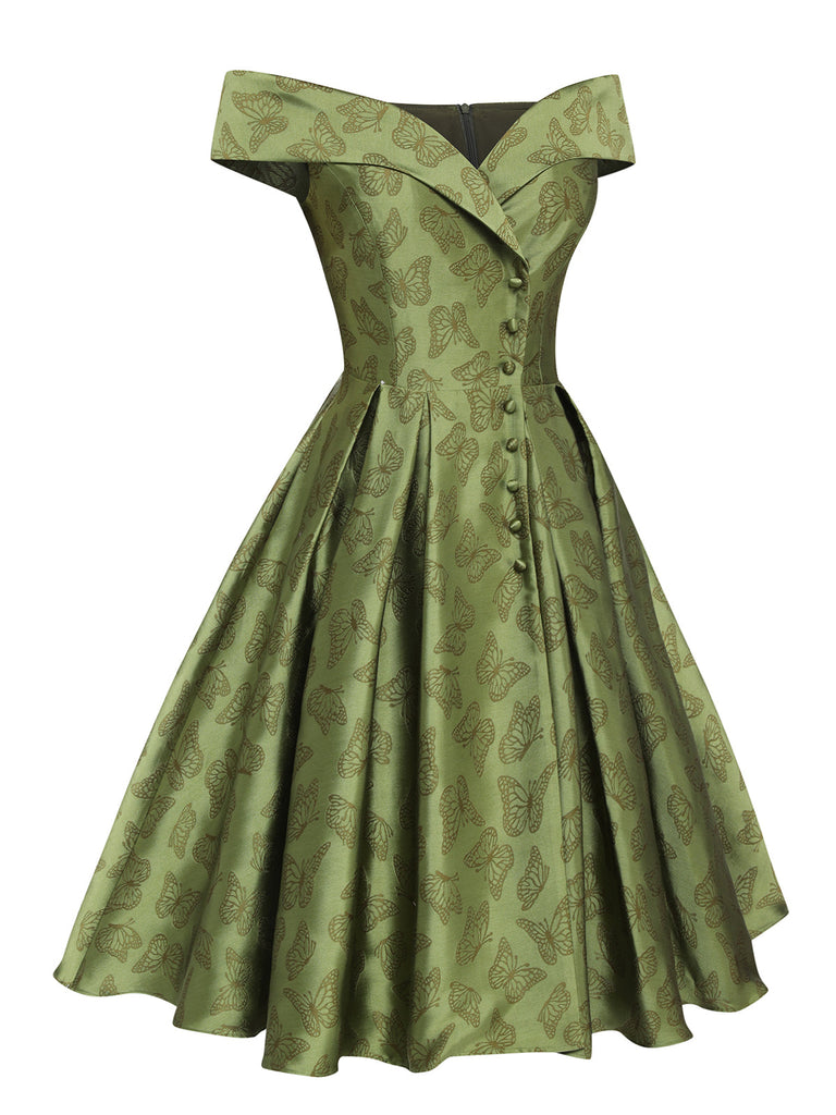 Robe trapèze verte à épaules dénudées et revers des années 1950