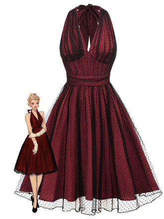Robe trapèze rouge années 50 en maille à pois cocktail chic