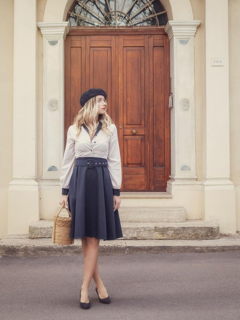 Robe trapèze bleue et beige 1950s Patchwork