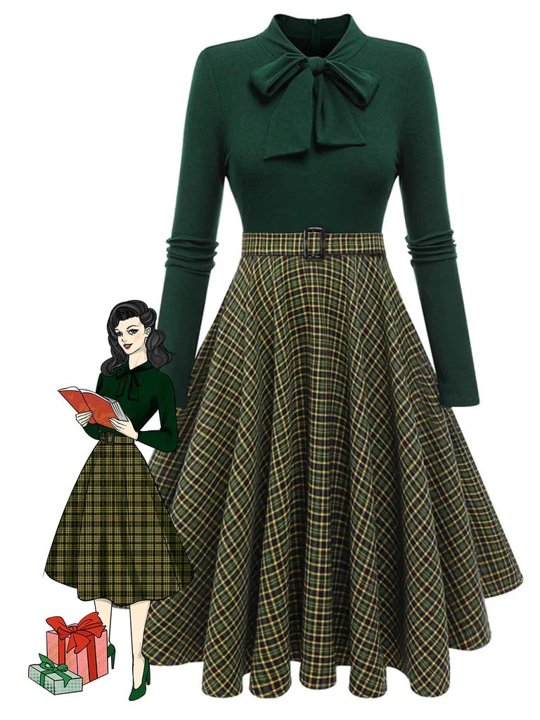 Robe en tricot à carreaux vert foncé des années 1950 Cocktail Chic