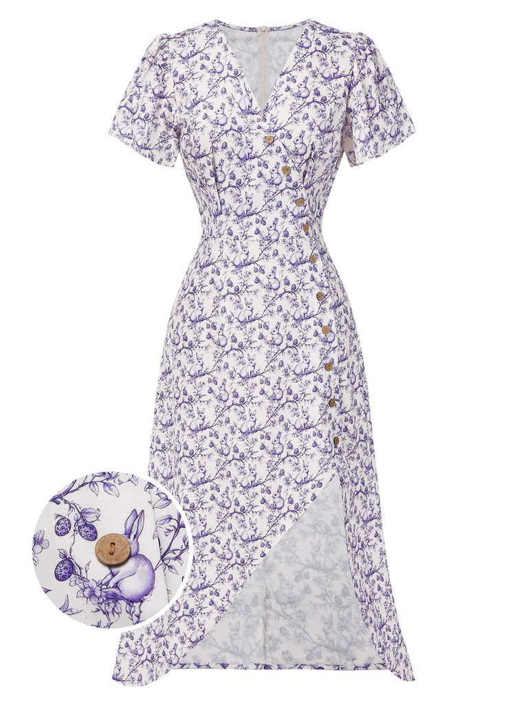 [Prévente] Robe violette col V et boutons motif lapin et fleurs années 40