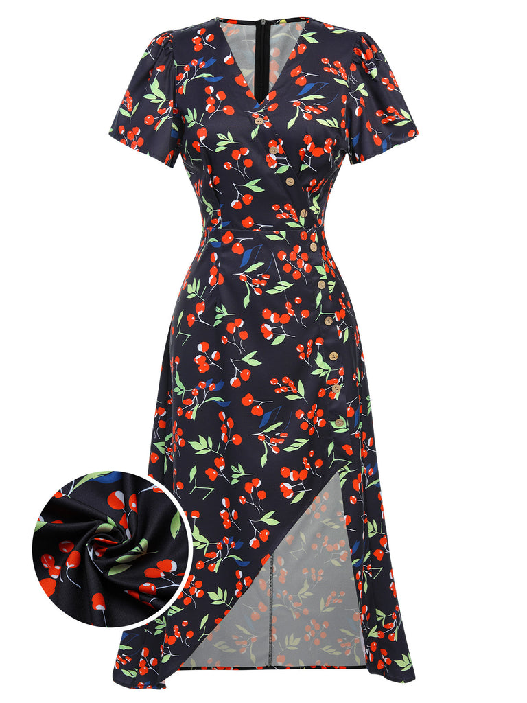 [Prévente] Robe violette col V et boutons motif lapin et fleurs années 40