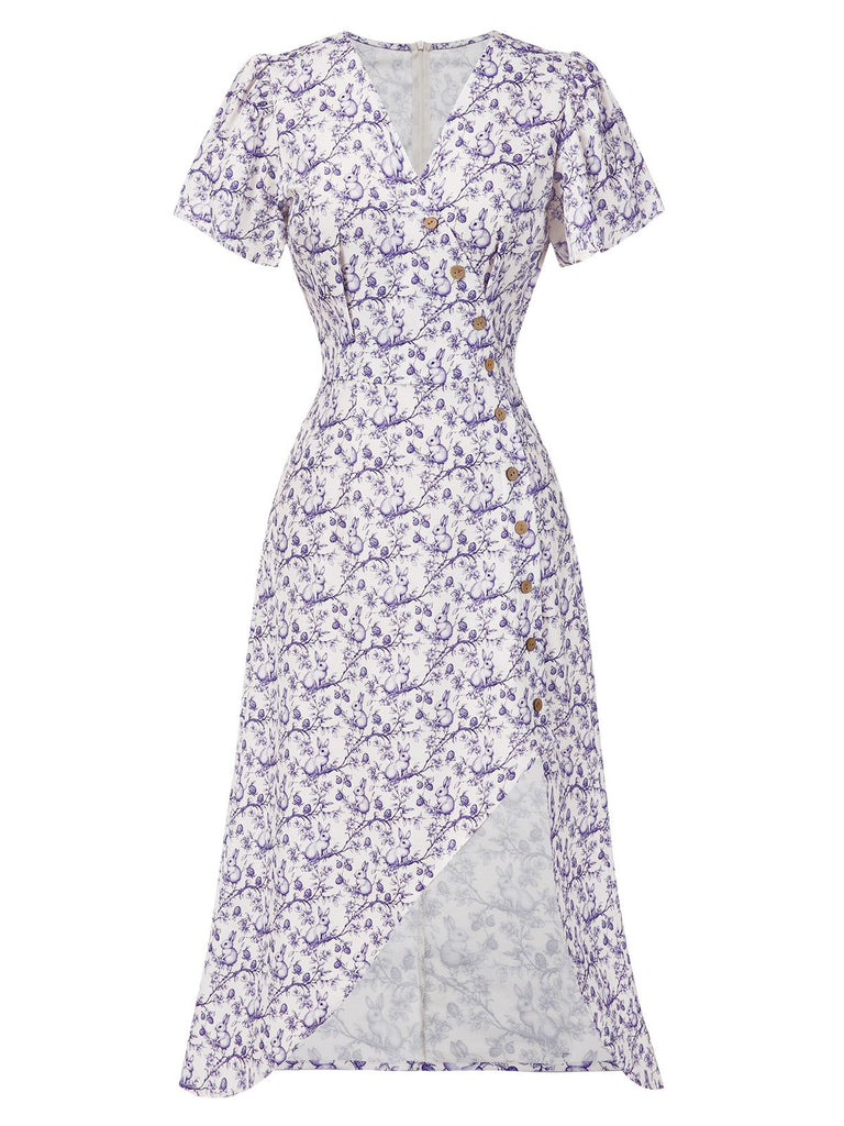 [Prévente] Robe violette col V et boutons motif lapin et fleurs années 40