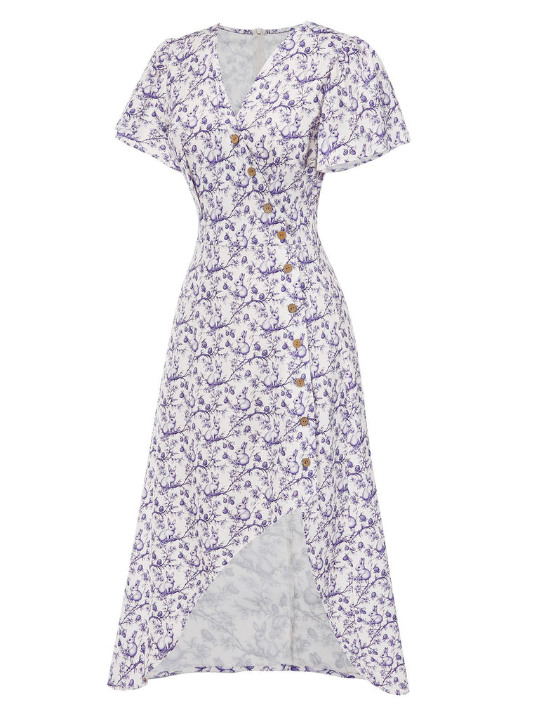 [Prévente] Robe violette col V et boutons motif lapin et fleurs années 40
