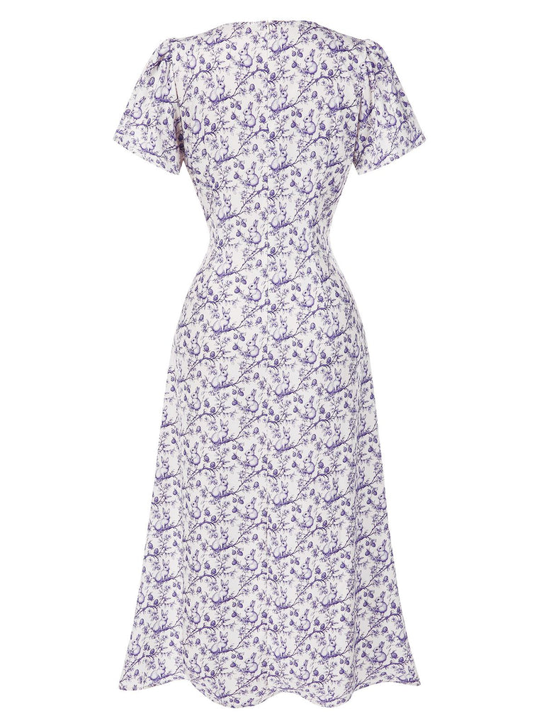 [Prévente] Robe violette col V et boutons motif lapin et fleurs années 40