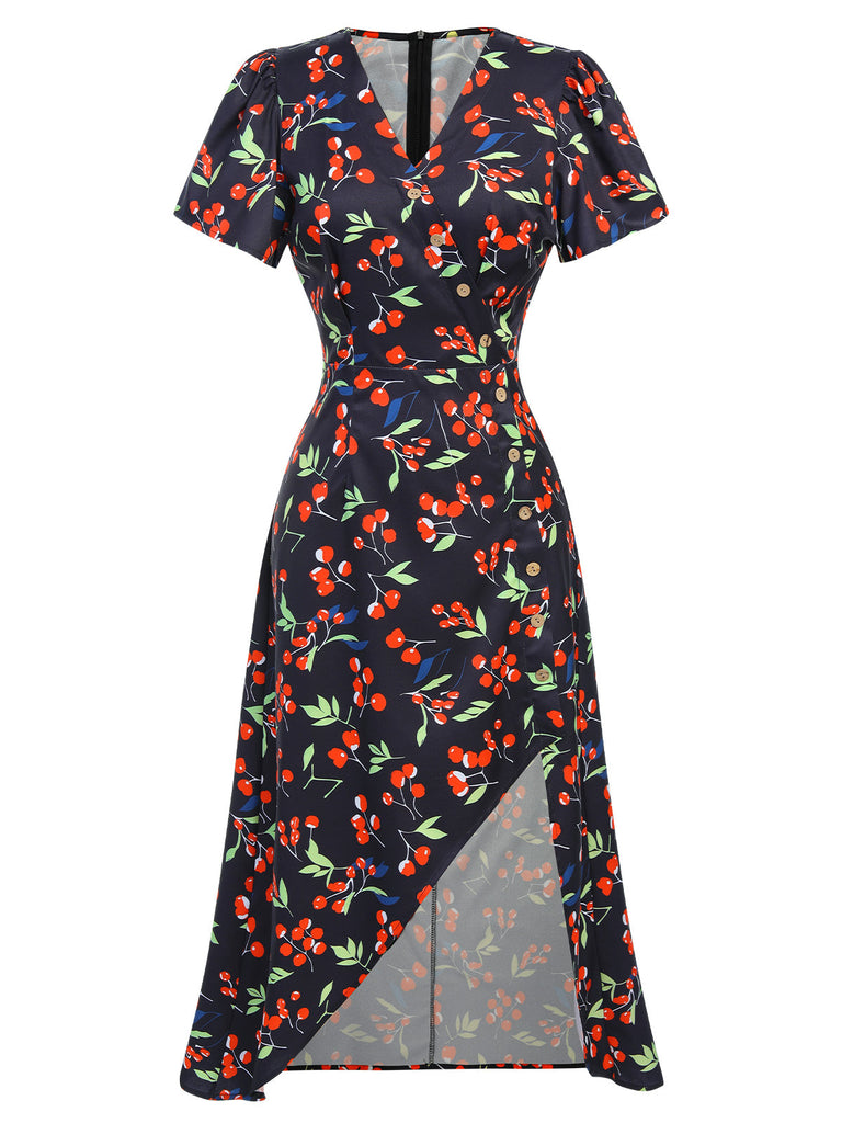 [Prévente] Robe bleu à col en V à fleurs des années 1930