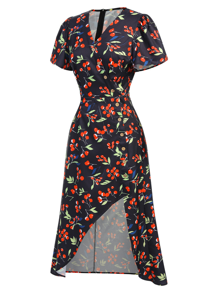 [Prévente] Robe bleu à col en V à fleurs des années 1930