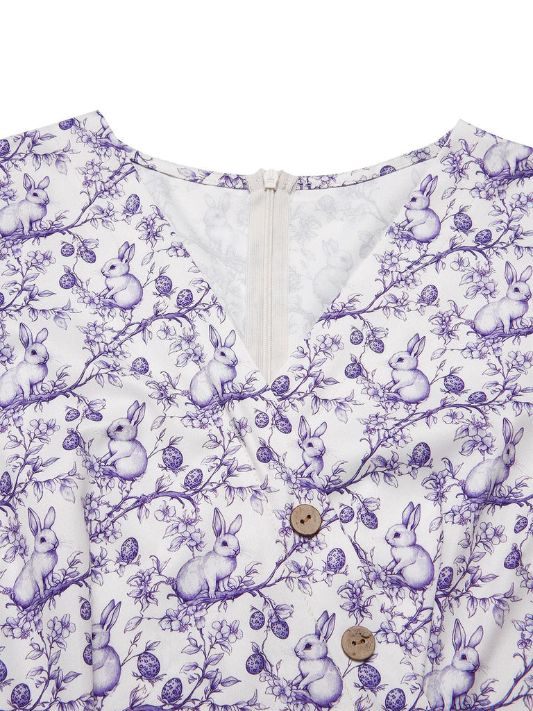 [Prévente] Robe violette col V et boutons motif lapin et fleurs années 40