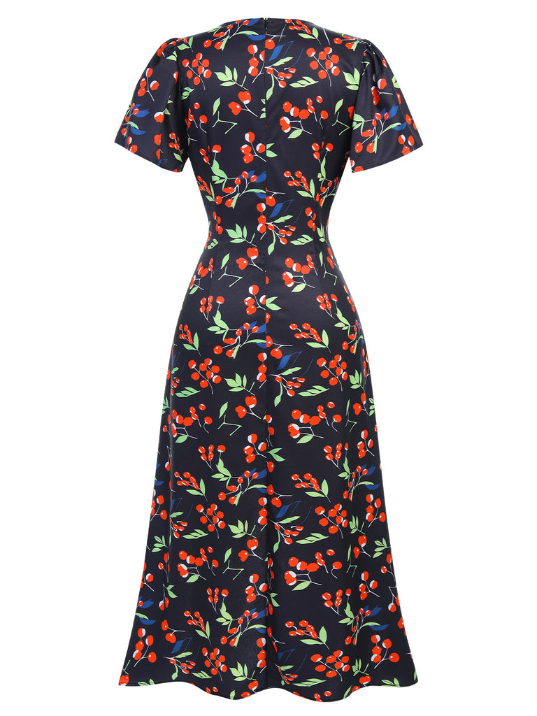 [Prévente] Robe bleu à col en V à fleurs des années 1930