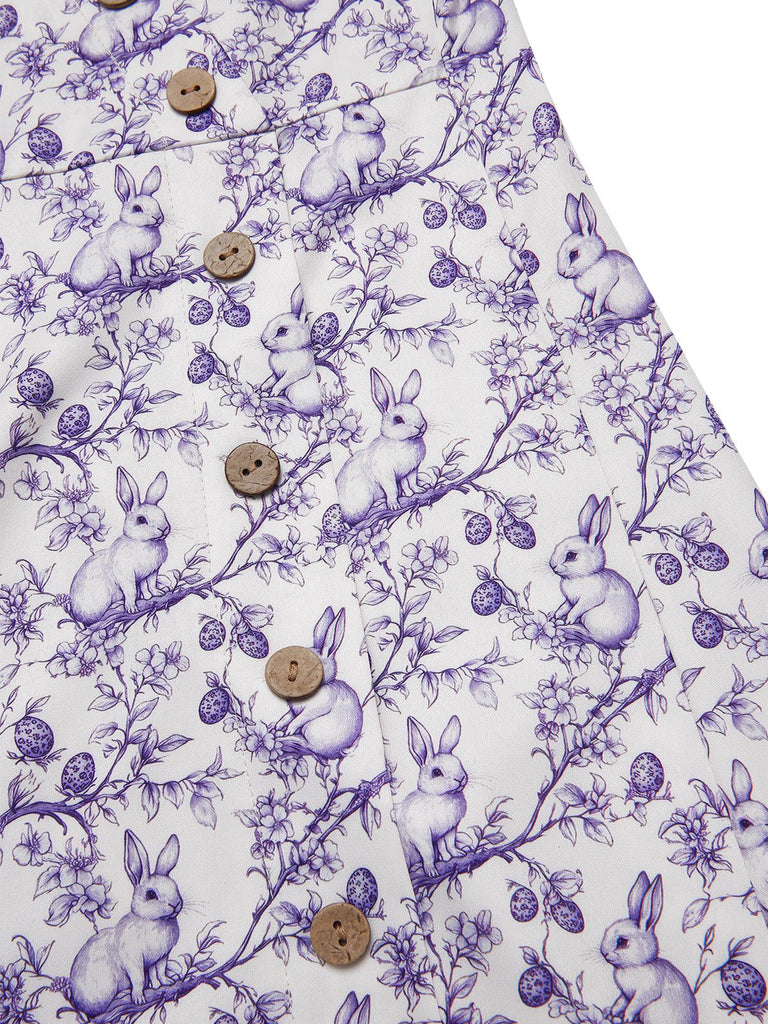 [Prévente] Robe violette col V et boutons motif lapin et fleurs années 40