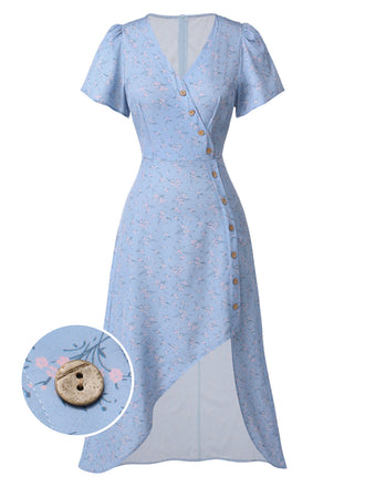 Robe bleu à col en V à fleurs des années 1940