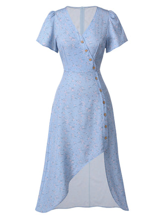 Robe bleu à col en V à fleurs des années 1940