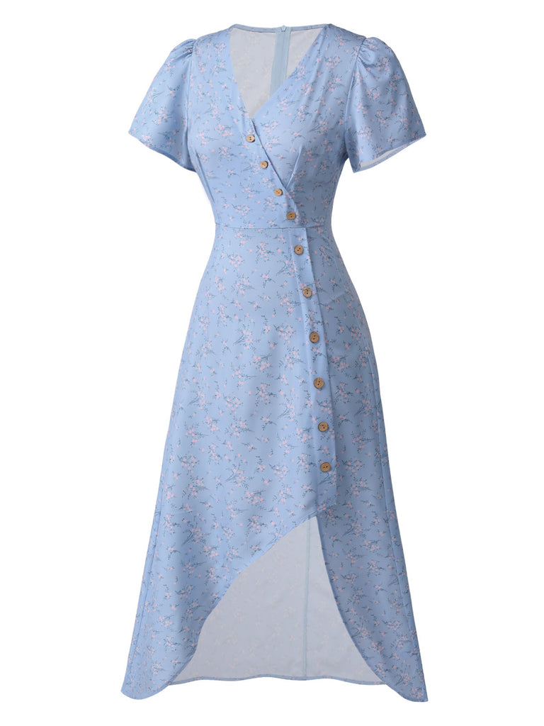 [Prévente] Robe bleu à col en V à fleurs des années 1930