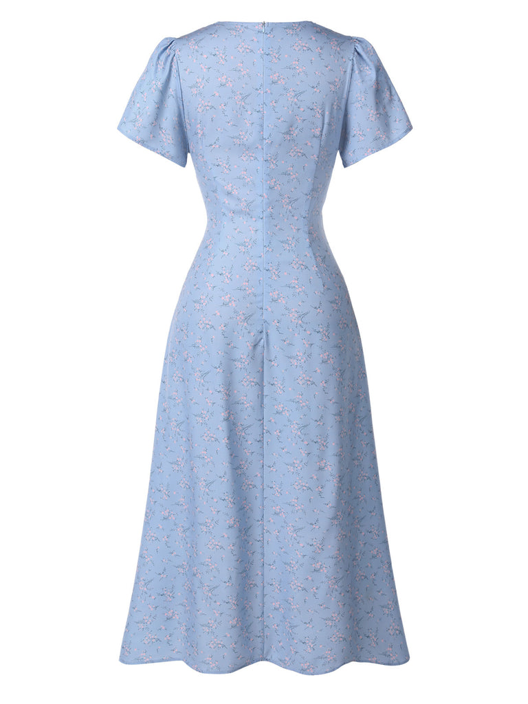 [Prévente] Robe bleu à col en V à fleurs des années 1930