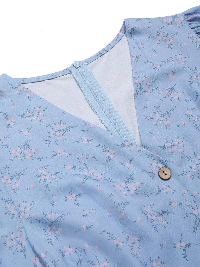 [Prévente] Robe bleu à col en V à fleurs des années 1930