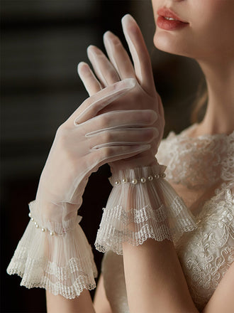 Gants transparents rétro à bordures en dentelle et perles