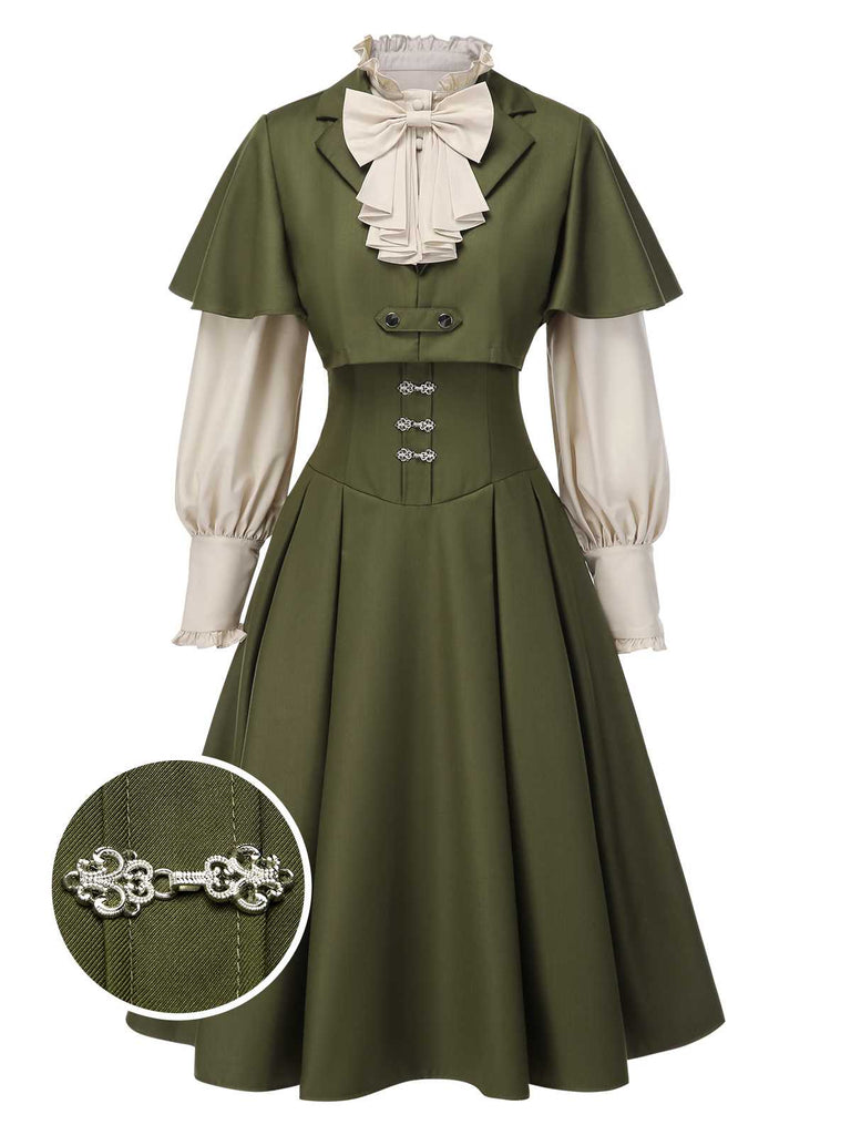 [Prévente] 2PCS robe vertes victoriennes col jabot et nœud et cape courte années 1950