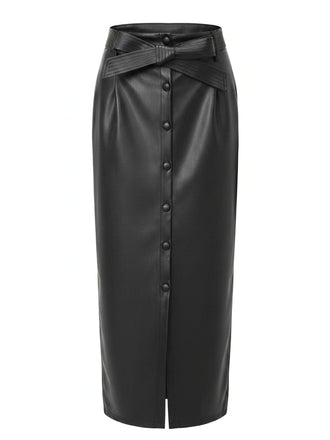 Skirt Taille Haute PU Leather Fendu Ceinturé Maxi Années 1970 2