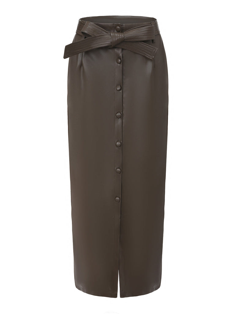 Skirt Taille Haute PU Leather Fendu Ceinturé Maxi Années 1970 4