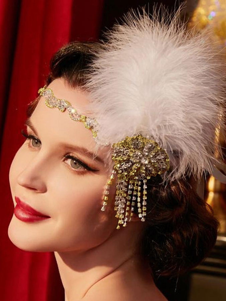 Parure Tête Fleurs Plumes Strass Gatsby Année 1920