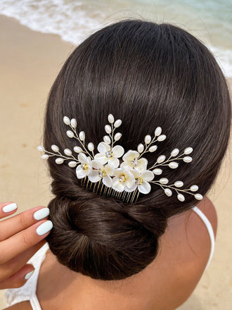 Accessoires pour Cheveux en Perles Blanches et Cristaux Floraux 5