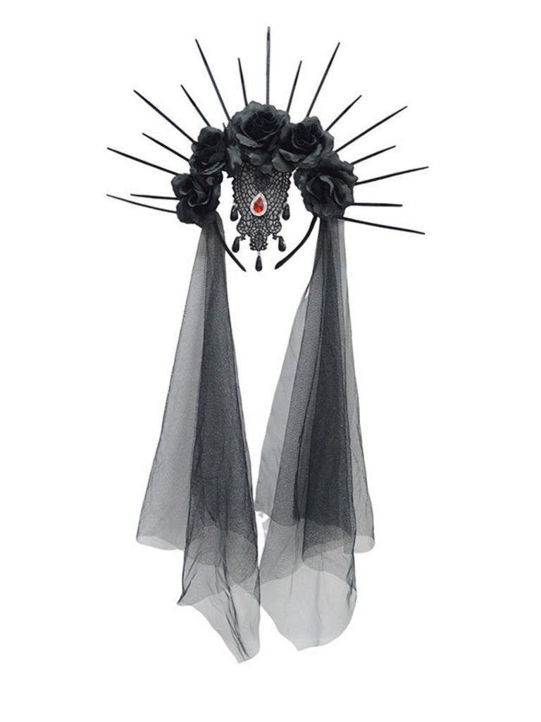 Coiffe Gothique Noire Voile Rose avec Pointes