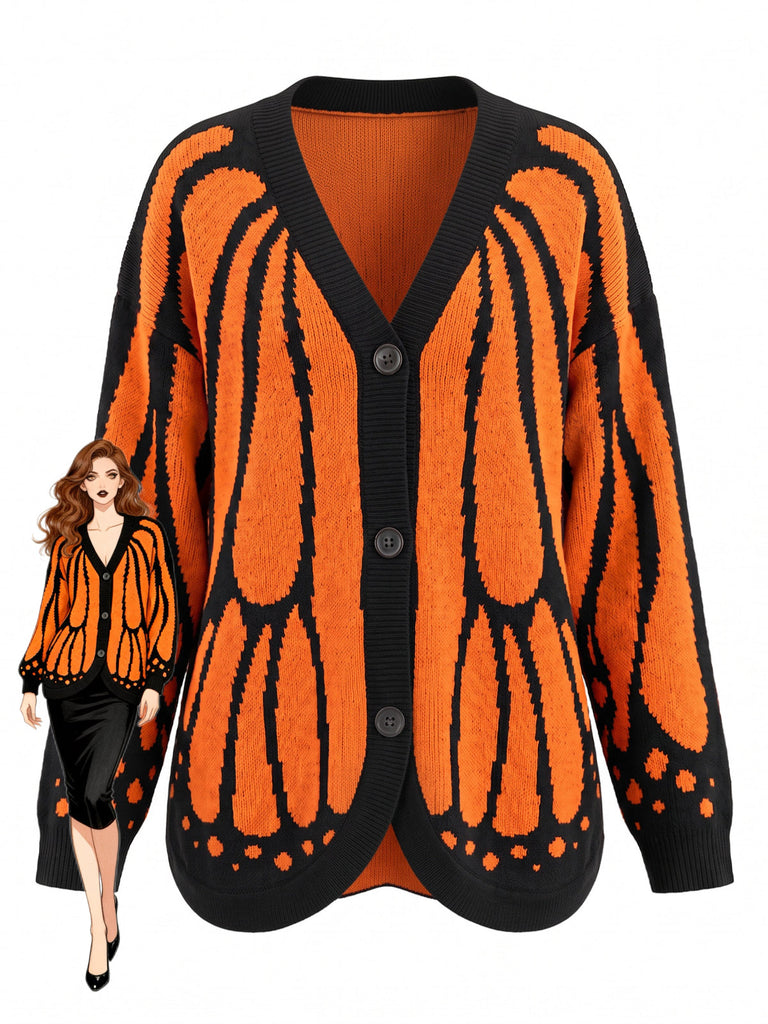 Cardigan Tricoté Papillon Monarque Orange Années 1950