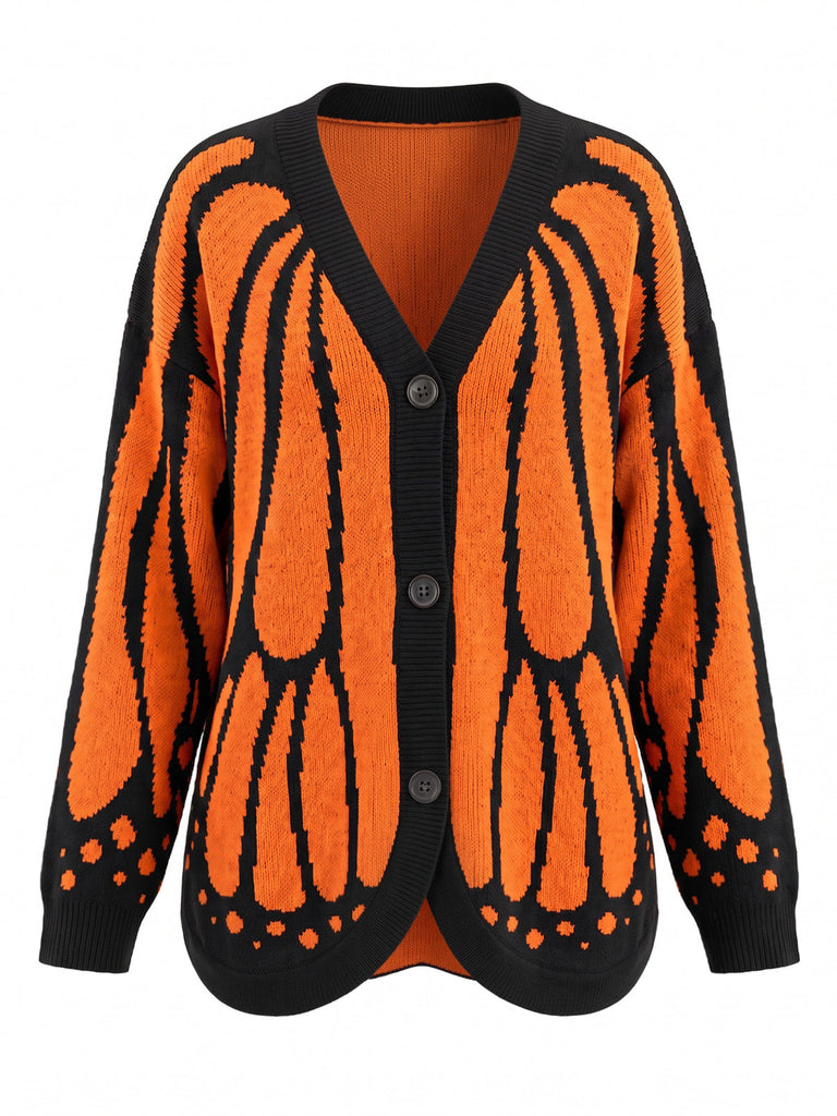 Cardigan Tricoté Papillon Monarque Orange Années 1950