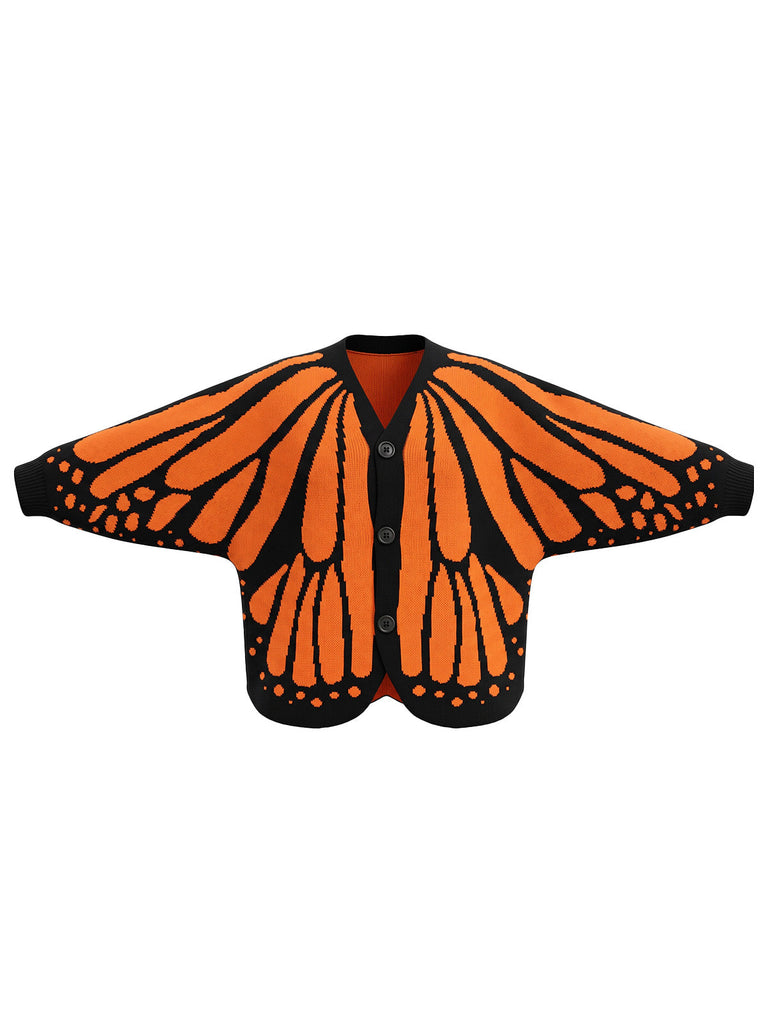 Cardigan Tricoté Papillon Monarque Orange Années 1950