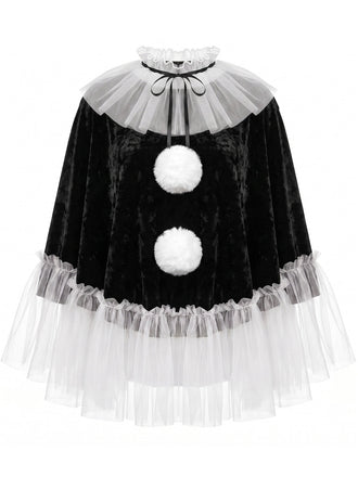 Ensemble gothique de clown en velours et tulle avec cape à pompons et collants années 1980