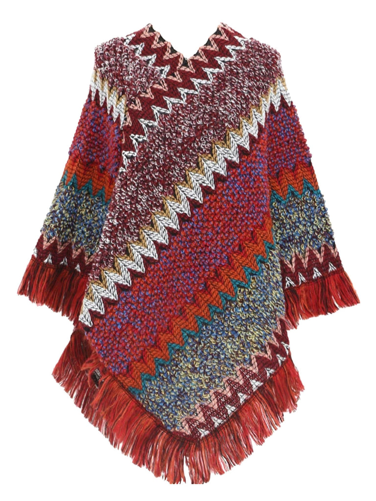 Cape poncho bohème en maille à chevrons et franges Années 1970 - 4