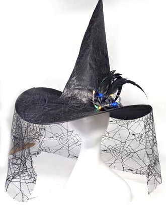 Chapeau de sorcière Halloween lumineux à plumes et dentelle toile d’araignée - 2