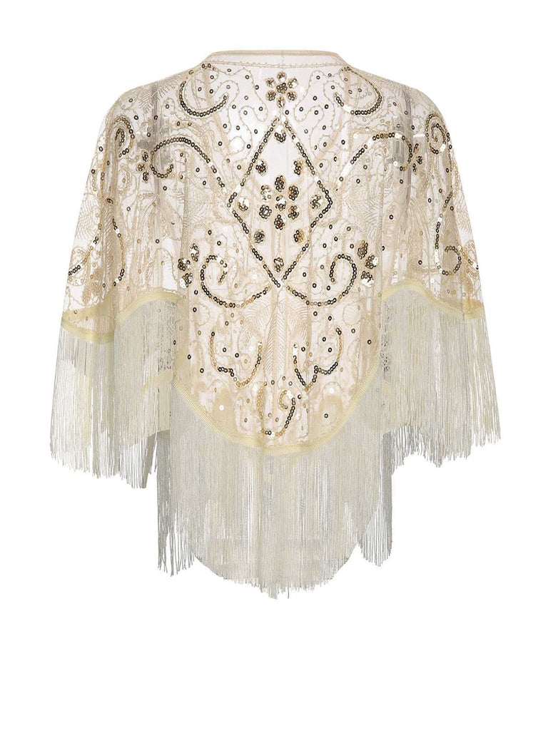 Cape à franges brodée de paillettes beige des années 1920