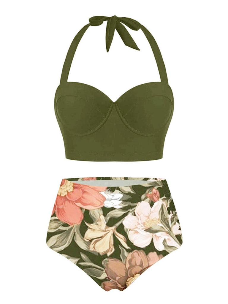 Maillot de Bain Vert Floral à Col Licou