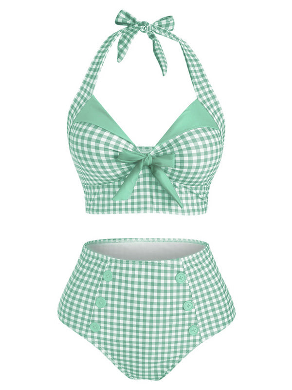 [Prévente] Maillot de Bain à Col Licou Verte Clair à Carreaux des années 1950