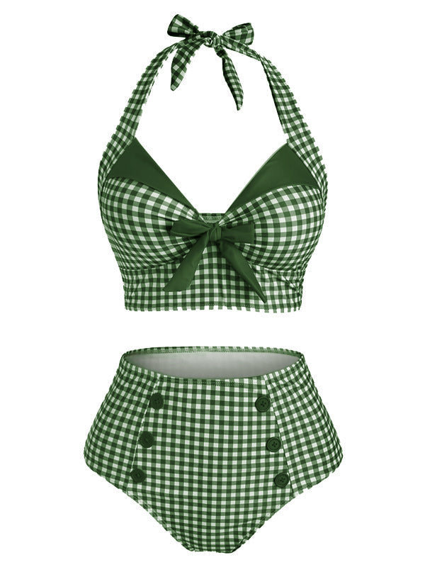 [Prévente] Maillot de Bain à Col Licou Verte Clair à Carreaux des années 1950