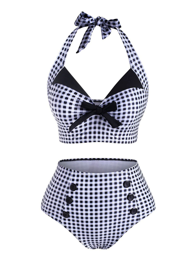 [Prévente] Maillot de Bain à Col Licou Verte Clair à Carreaux des années 1950