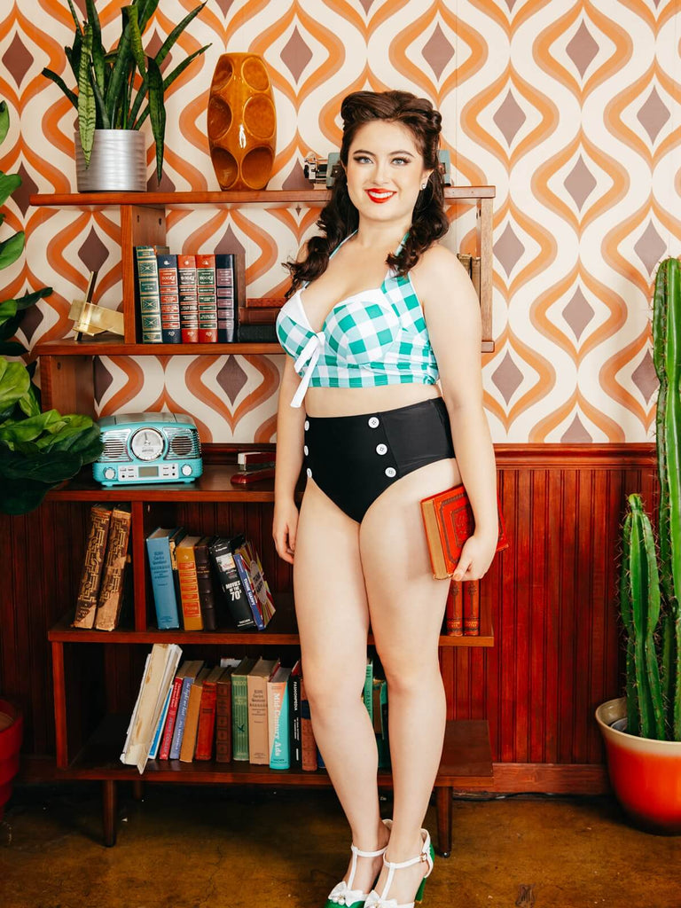 Maillot de Bain à Col Licou Vert à Carreaux Retro