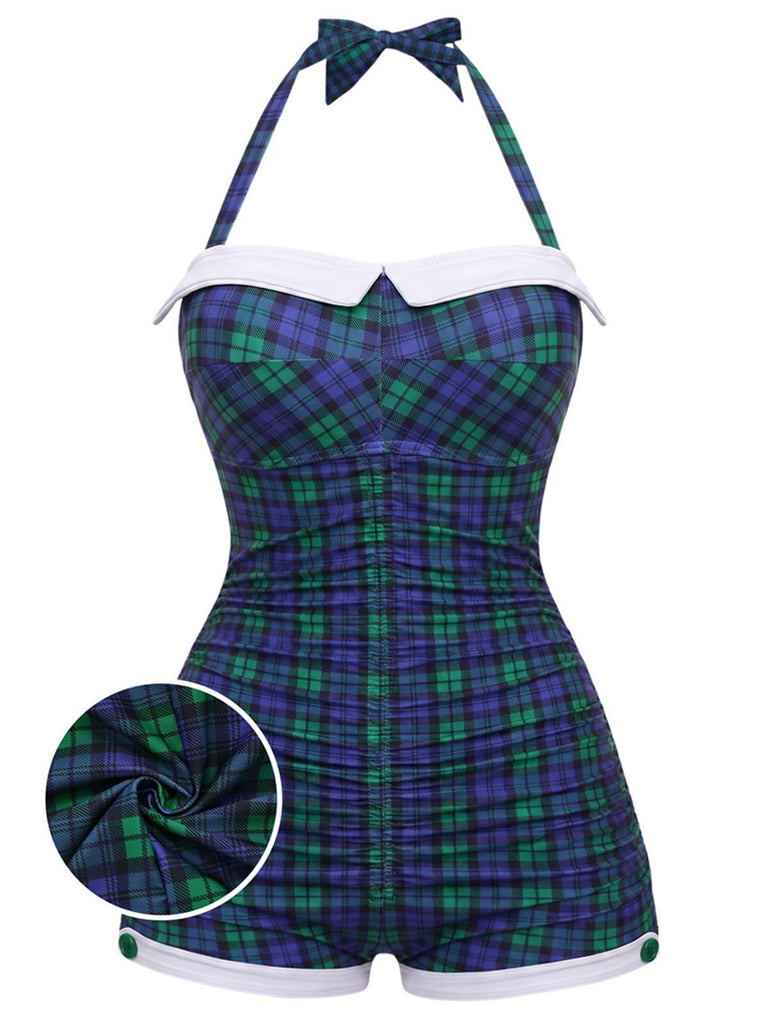 Maillot de bain une pièce Bleu et vert carreaux vichy dos nu et nœud papillon années 1950