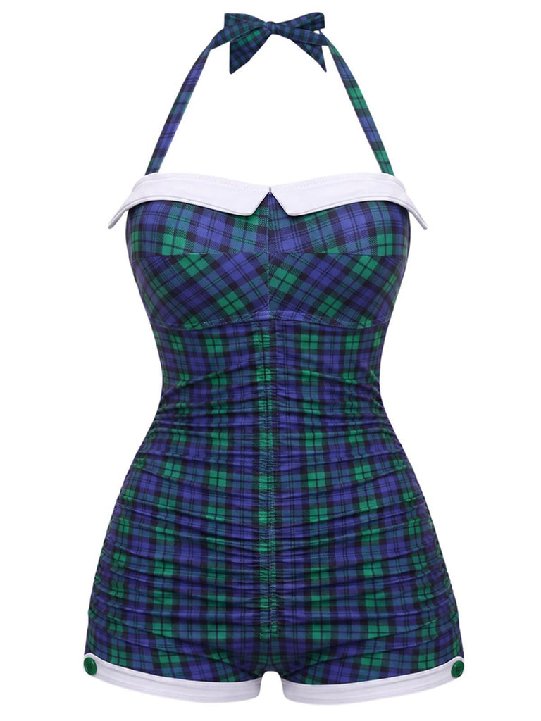 Maillot de bain une pièce Bleu et vert carreaux vichy dos nu et nœud papillon années 1950