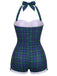 Maillot de bain une pièce Bleu et vert carreaux vichy dos nu et nœud papillon années 1950