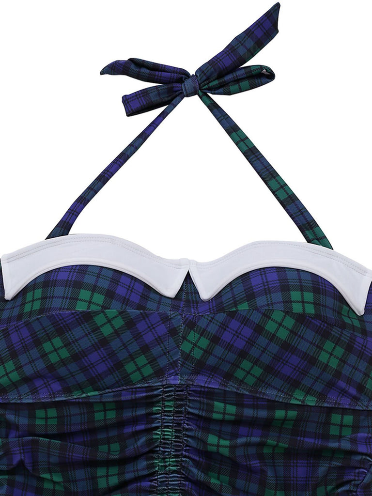Maillot de bain une pièce Bleu et vert carreaux vichy dos nu et nœud papillon années 1950