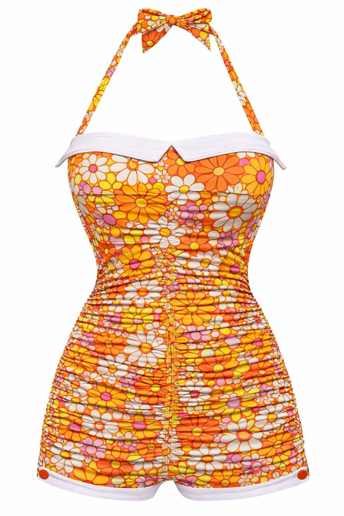[Prévente] Orange Vichy Halter Nœud Maillot de Bain Une Pièce Années 1950