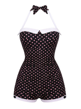 [Prévente] Noir Halter à Pois Nœud Maillot de Bain Une Pièce Années 1950