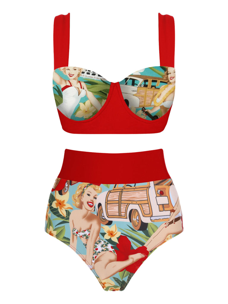 3PCS Ensemble Bikini Femme Rétro Rouge Pin Up