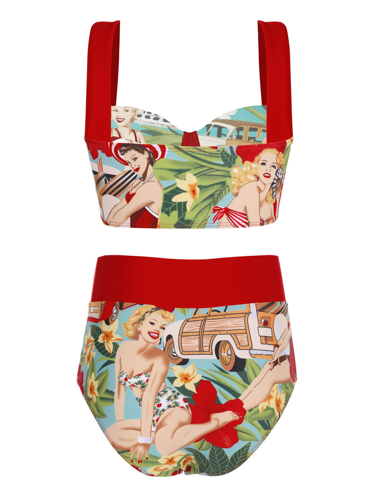 3PCS Ensemble Bikini Femme Rétro Rouge Pin Up