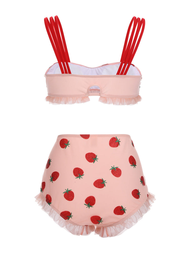 Ensemble Tankini Cami Fraise en Dentelle Retro