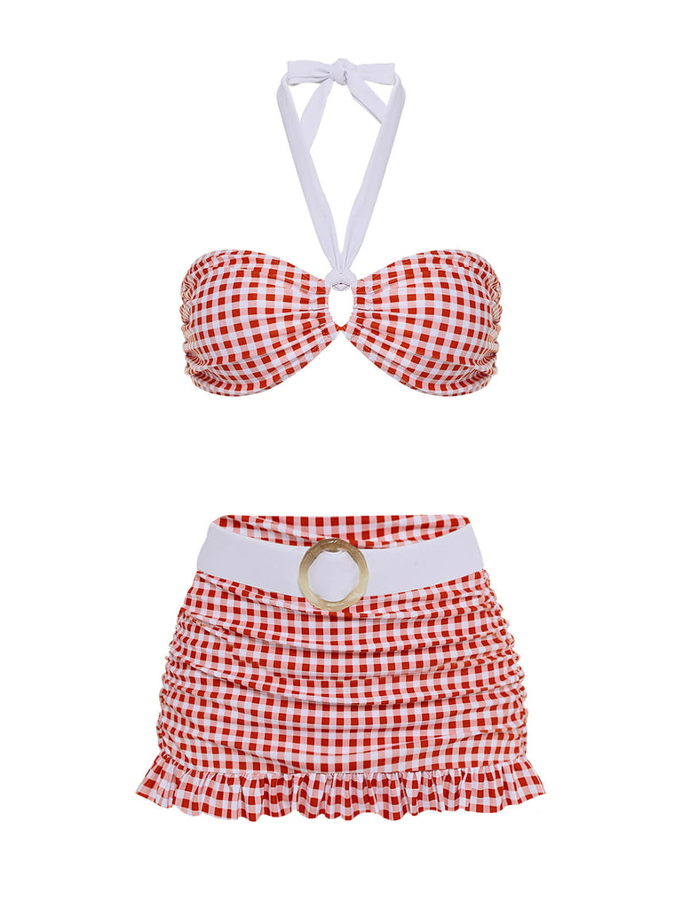 Ensemble de Bikini dos nu à Carreaux Rouge Rétro