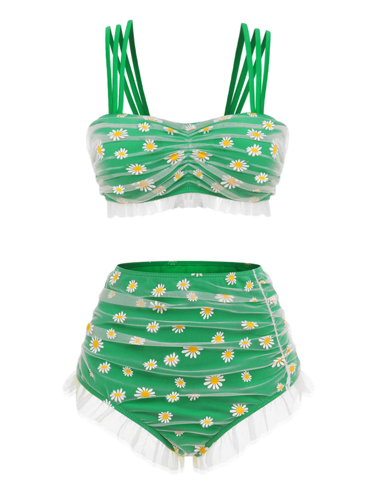 Maillot de bain vert à bretelles et fleurs en dentelle