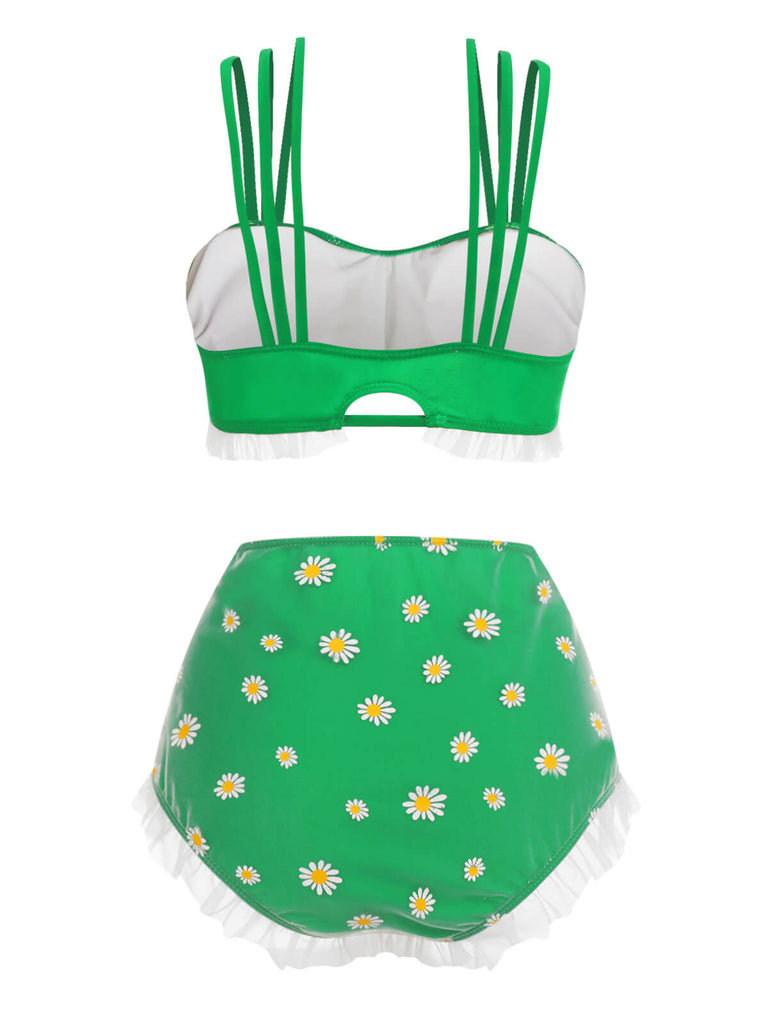 Maillot de bain vert à bretelles et fleurs en dentelle